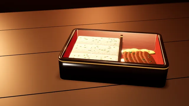 A lacquered bento box on a wooden counter under a warm lamp