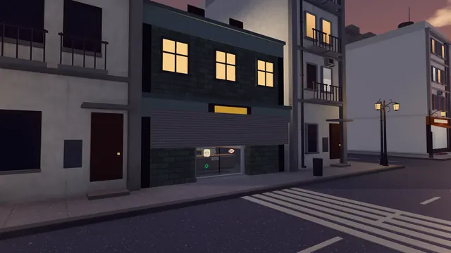 A street corner at dawn, shop windows still lit