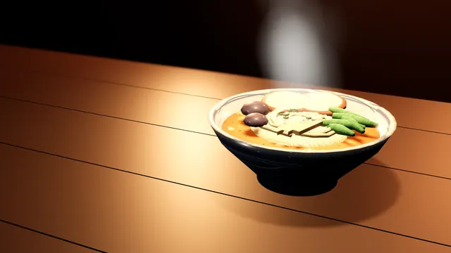 A steaming bowl of ramen on a counter