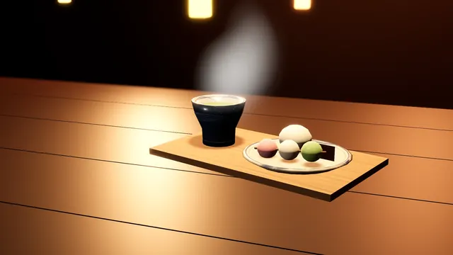 A cup of tea with sweets on a wooden tray